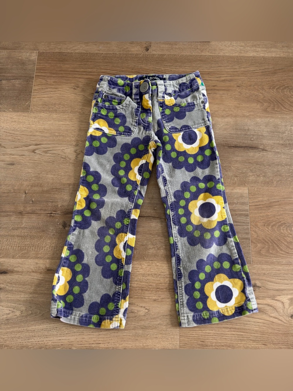 Mini Boden Retro Floral Corduroy Flare Pants Gray Navy Yellow Size 5 Years